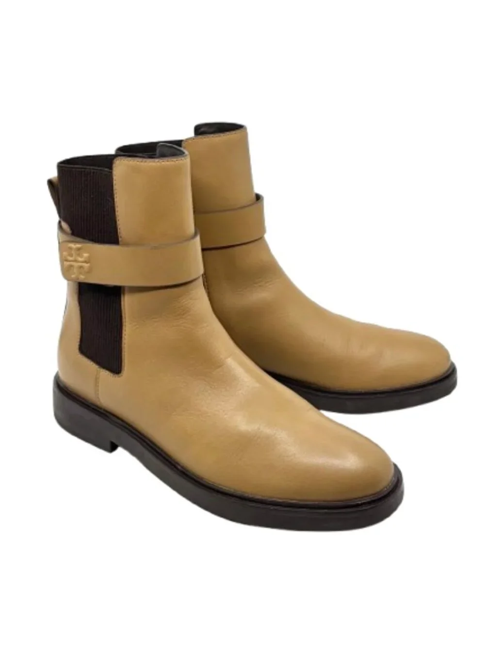 TORY BURCH~Double T Buckle Chelsea~TAN LEATHER WOMENS ANKLE BOOTS Sz 11 NEAR NEW